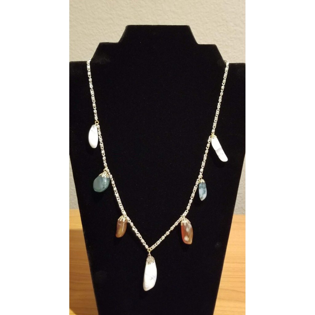 Vintage Gold Paper Clips Chain Genuine Gemstones Necklace Carnelian Agate